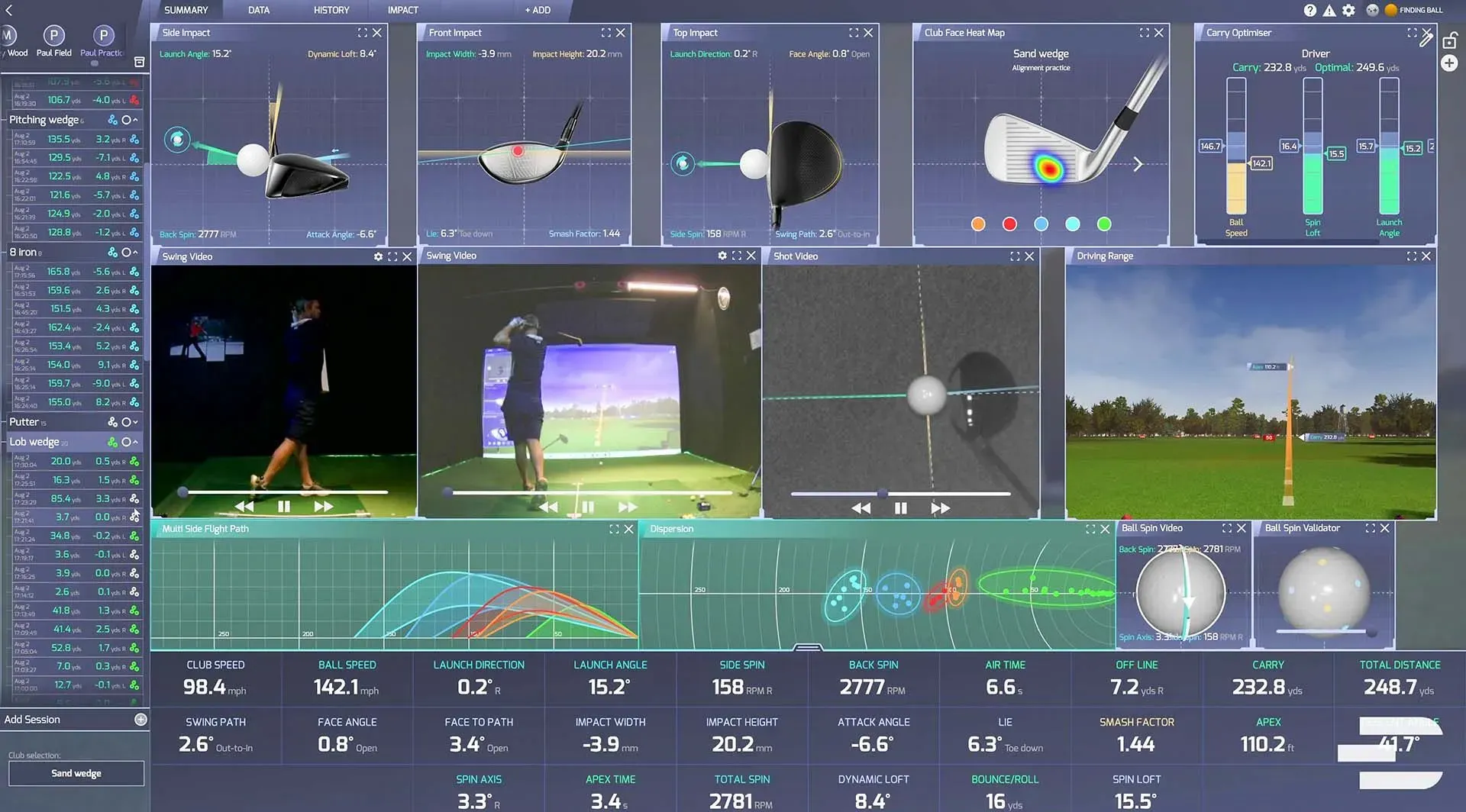 Reviewing detailed shot analysis on the simulator screen at Virtual Fairways